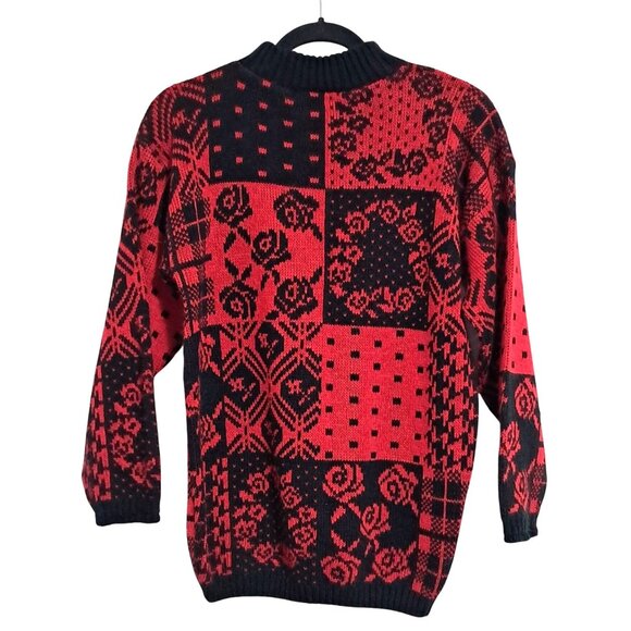 Vintage 80s Floral Sweater Womens S Red & Black Patchwork by Separate Issue - Picture 6 of 9
